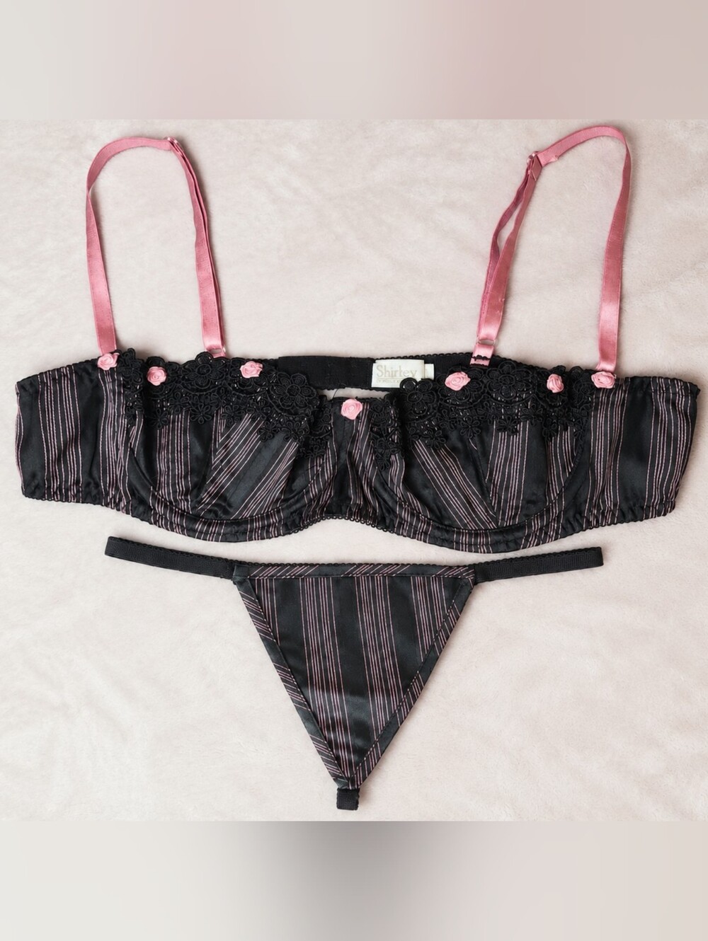 Shirley of Hollywood Black & Pink Lingerie Set – Bra Size 36 + G-String Small